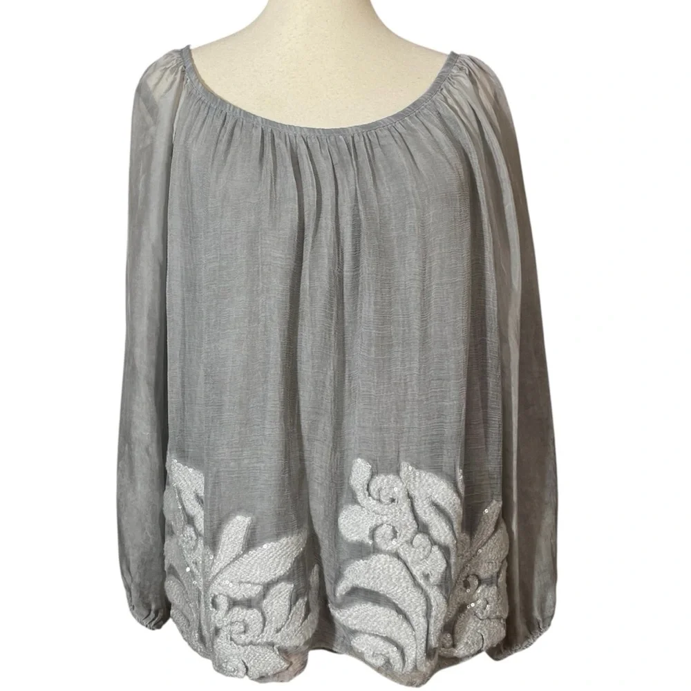 Le Marais Paris Gray Silk‎ Blend Embroidered Tunic Blouse Balloon Sleeve Top L